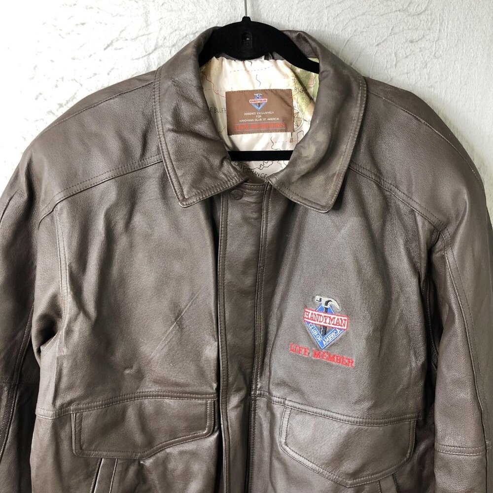Handyman Club Of America Jacket Mens L Brown Leather Bomber Aviator Logo Retro - Picture 12 of 16